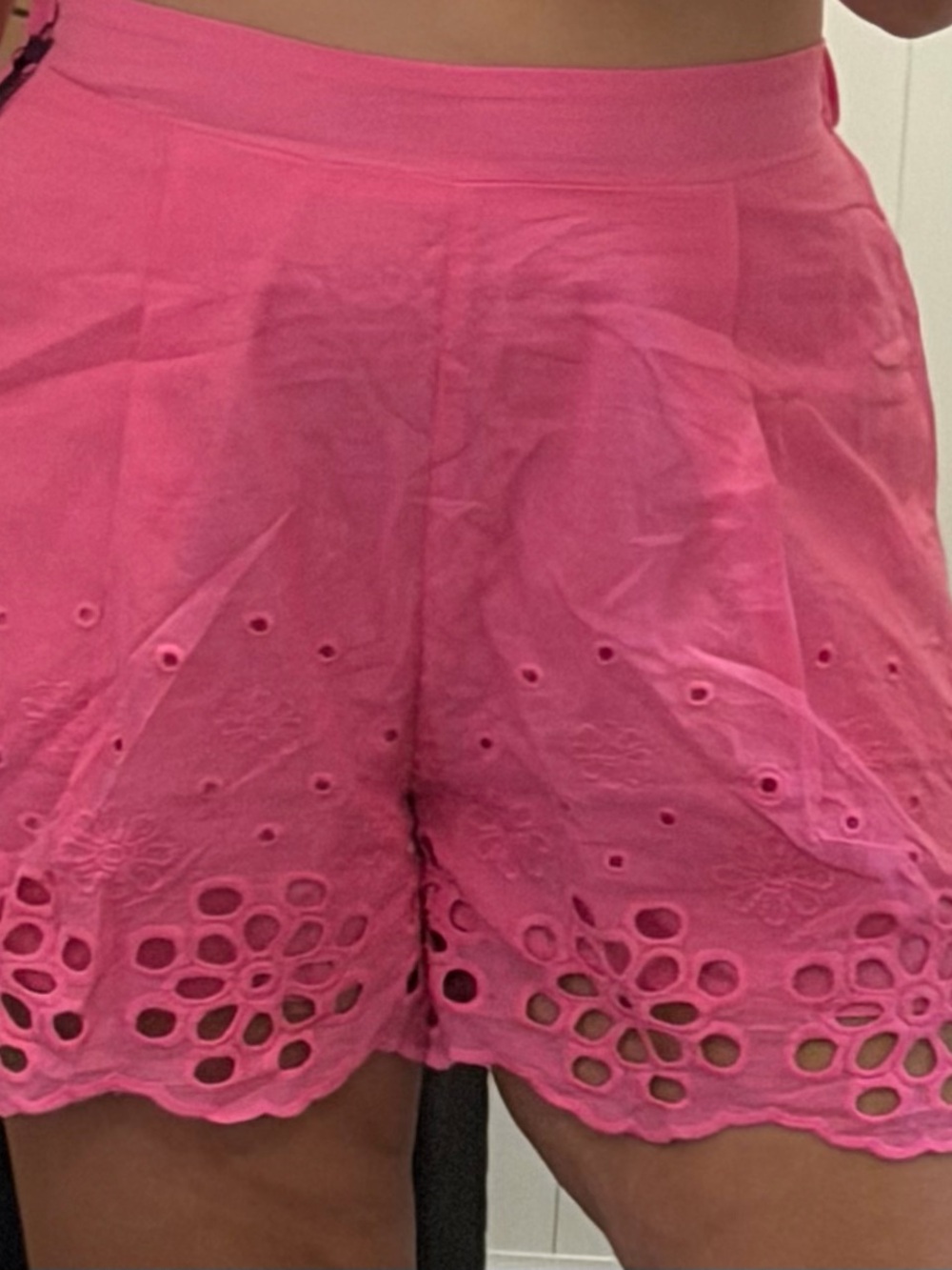 High-Waist Eyelet Scallop Hem Shorts in Bright Pink